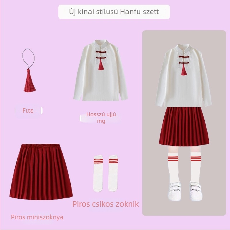Gyerekeknek készült előadási kosztüm a kórus és versmondás számára — iskolai egyenruha hosszú ujjú felsővel és szoknyával
