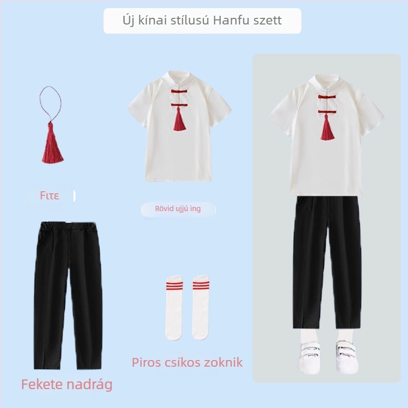Gyerekeknek készült előadási kosztüm a kórus és versmondás számára — iskolai egyenruha hosszú ujjú felsővel és szoknyával