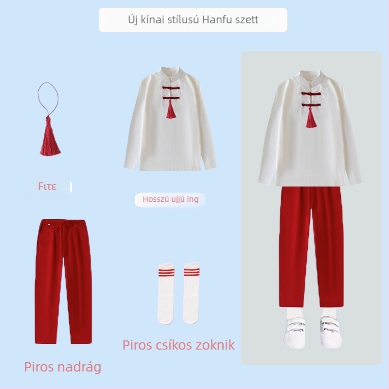 Gyerekeknek készült előadási kosztüm a kórus és versmondás számára — iskolai egyenruha hosszú ujjú felsővel és szoknyával