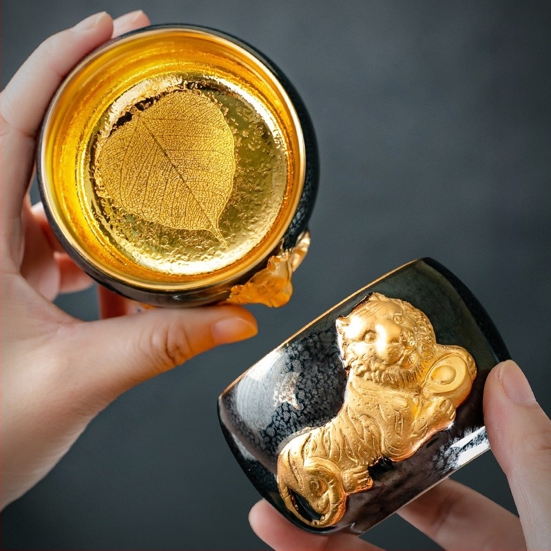 Chen Weichun 24K arany teás pohár, aranyozott Jian Zhan tigris motívummal, kézzel készült teás kóstoló pohár