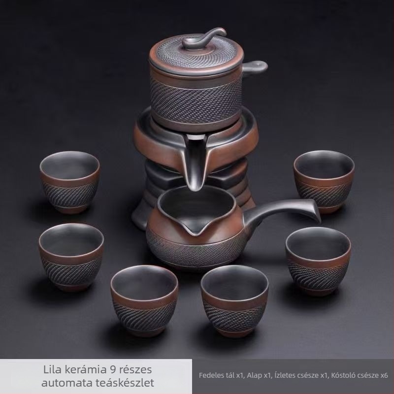 Lila agyagból készült teáskészlet automata forgással, teáskanna kőmalommal, Kung-Fu teás poharak, otthoni vendégfogadásra szánt készlet
