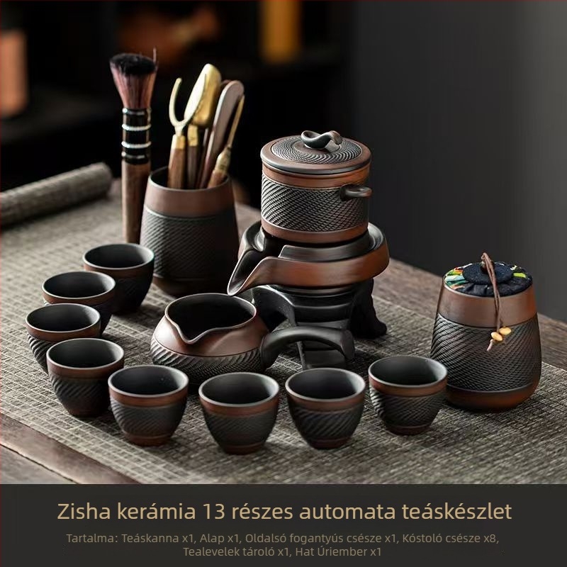 Lila agyagból készült teáskészlet automata forgással, teáskanna kőmalommal, Kung-Fu teás poharak, otthoni vendégfogadásra szánt készlet