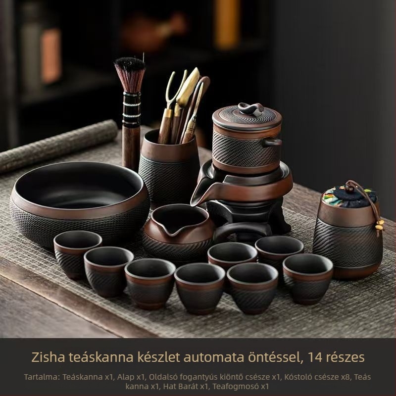 Lila agyagból készült teáskészlet automata forgással, teáskanna kőmalommal, Kung-Fu teás poharak, otthoni vendégfogadásra szánt készlet