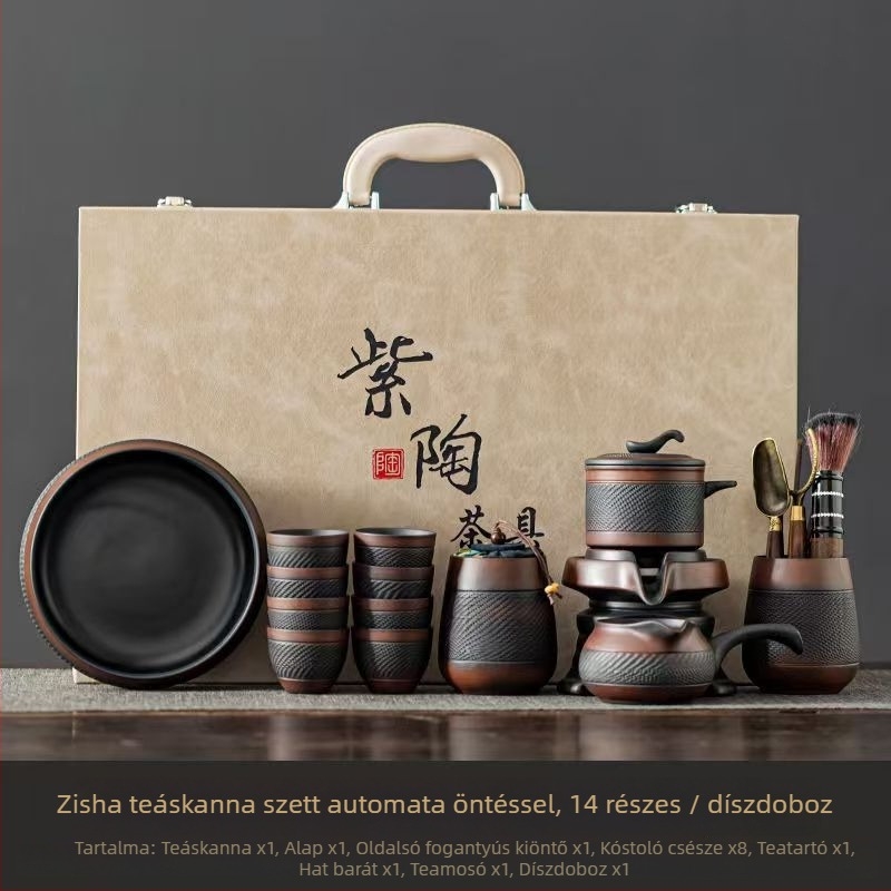 Lila agyagból készült teáskészlet automata forgással, teáskanna kőmalommal, Kung-Fu teás poharak, otthoni vendégfogadásra szánt készlet