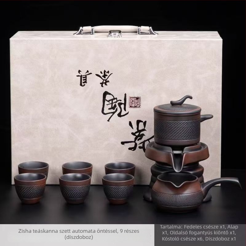 Lila agyagból készült teáskészlet automata forgással, teáskanna kőmalommal, Kung-Fu teás poharak, otthoni vendégfogadásra szánt készlet