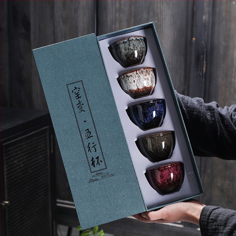 Kiln-fired multicolor teáscsészek ajándékcsomagban — kerámia teáscsészék otthoni vendéglátáshoz, öt elem dizájn, nagy méretű csésze