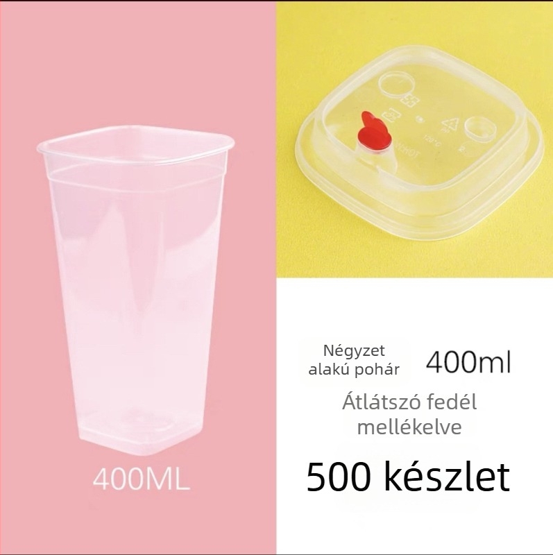 Négyzet alakú egyszer használatos teás pohár tejhez, fedéllel, testre szabható logó, citromos tea, 400/500/600 ml