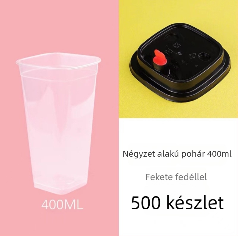 Négyzet alakú egyszer használatos teás pohár tejhez, fedéllel, testre szabható logó, citromos tea, 400/500/600 ml