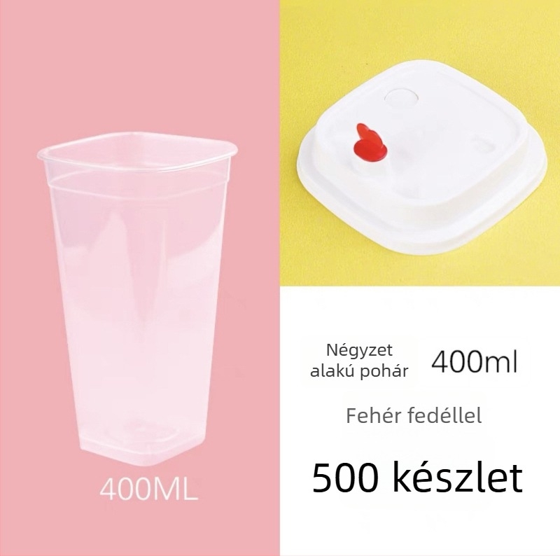 Négyzet alakú egyszer használatos teás pohár tejhez, fedéllel, testre szabható logó, citromos tea, 400/500/600 ml