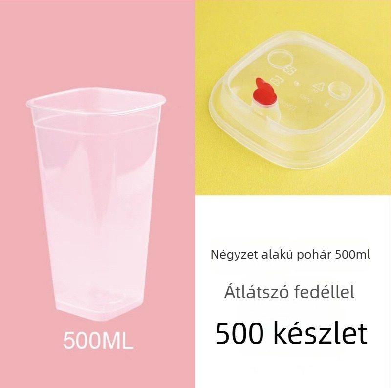 Négyzet alakú egyszer használatos teás pohár tejhez, fedéllel, testre szabható logó, citromos tea, 400/500/600 ml