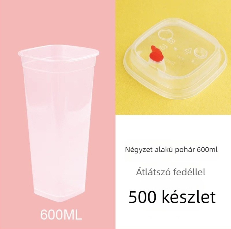 Négyzet alakú egyszer használatos teás pohár tejhez, fedéllel, testre szabható logó, citromos tea, 400/500/600 ml