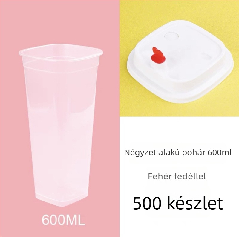 Négyzet alakú egyszer használatos teás pohár tejhez, fedéllel, testre szabható logó, citromos tea, 400/500/600 ml
