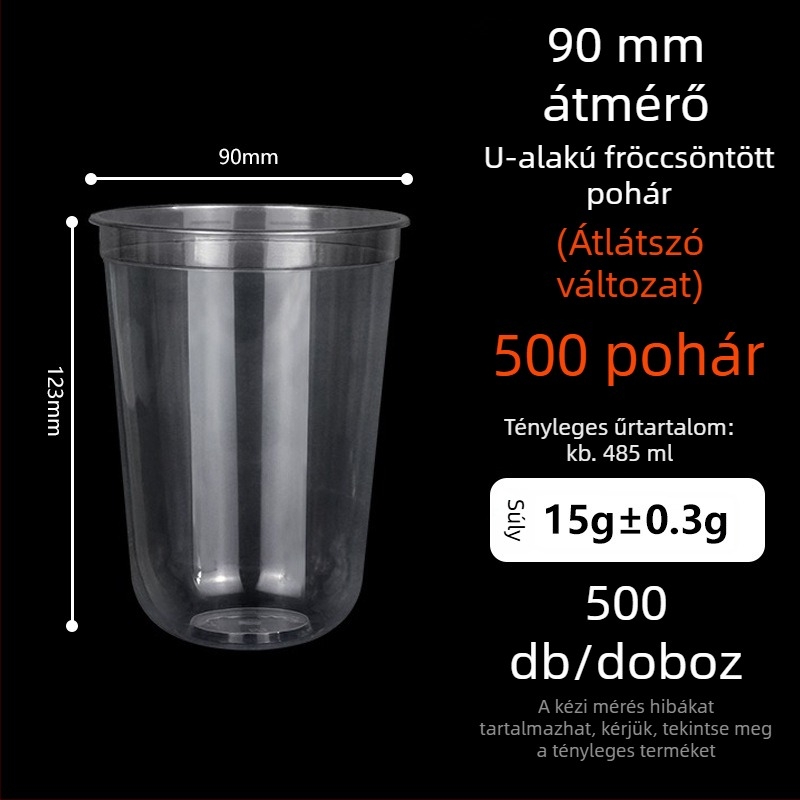 Ding Shan 90 mm átmérőjű U-formájú tej-tea pohár, egyszer használatos műanyag pohár gyümölcs- és italokhoz, injekciós öntés, kapacitás 500–700 ml, testreszabható logó nyomtatás