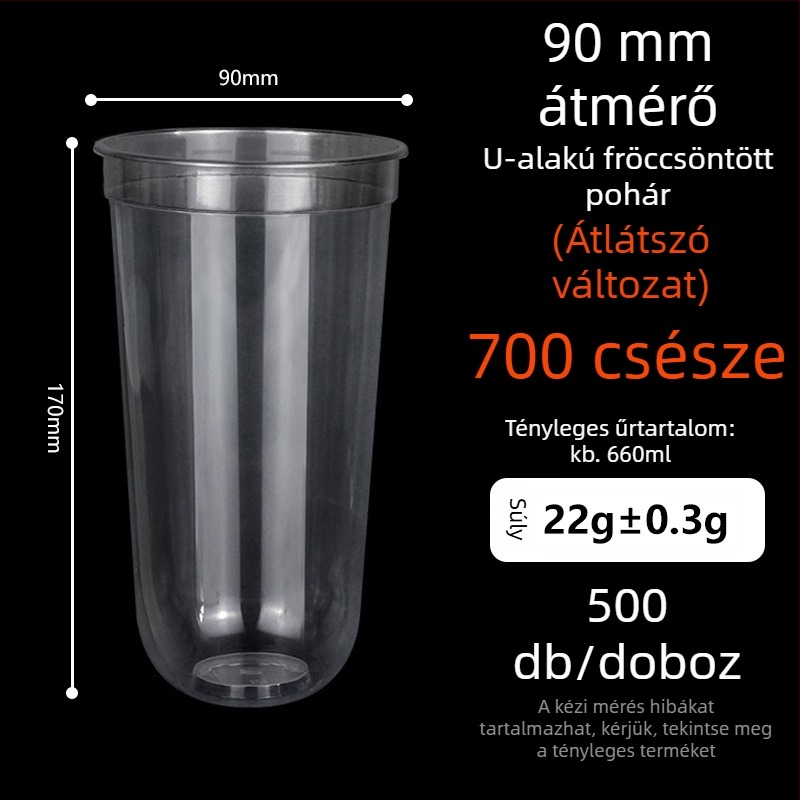 Ding Shan 90 mm átmérőjű U-formájú tej-tea pohár, egyszer használatos műanyag pohár gyümölcs- és italokhoz, injekciós öntés, kapacitás 500–700 ml, testreszabható logó nyomtatás