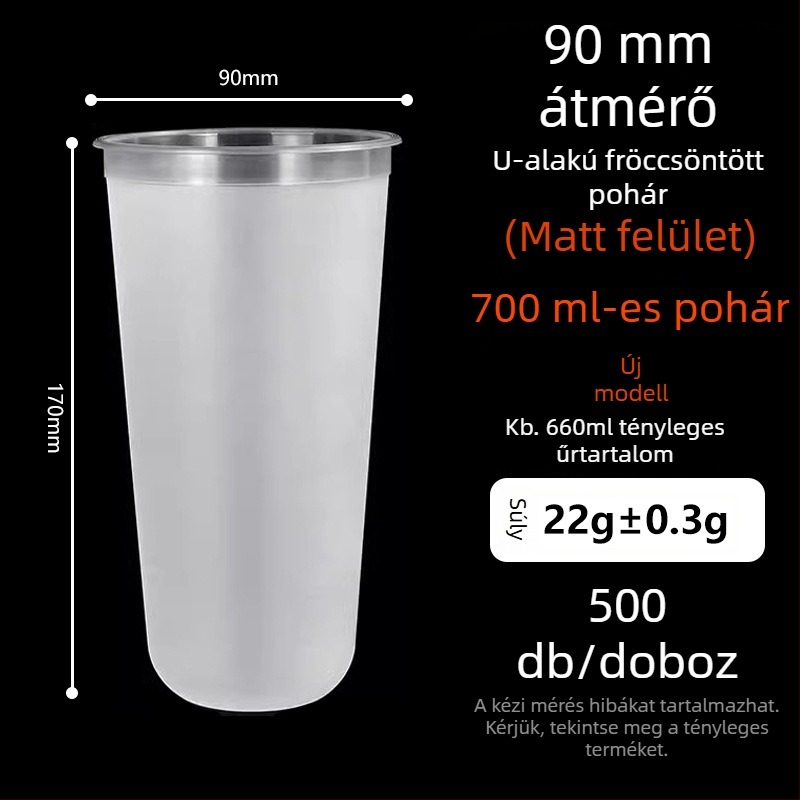 Ding Shan 90 mm átmérőjű U-formájú tej-tea pohár, egyszer használatos műanyag pohár gyümölcs- és italokhoz, injekciós öntés, kapacitás 500–700 ml, testreszabható logó nyomtatás