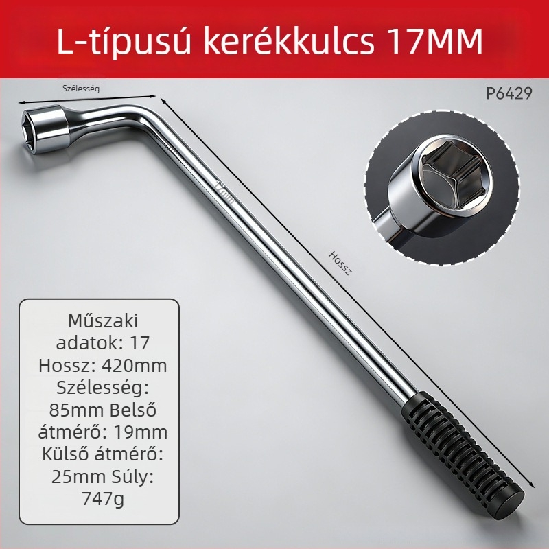 Hosszított L-formájú, nehéz keresztes kerékkulcs autókhoz
