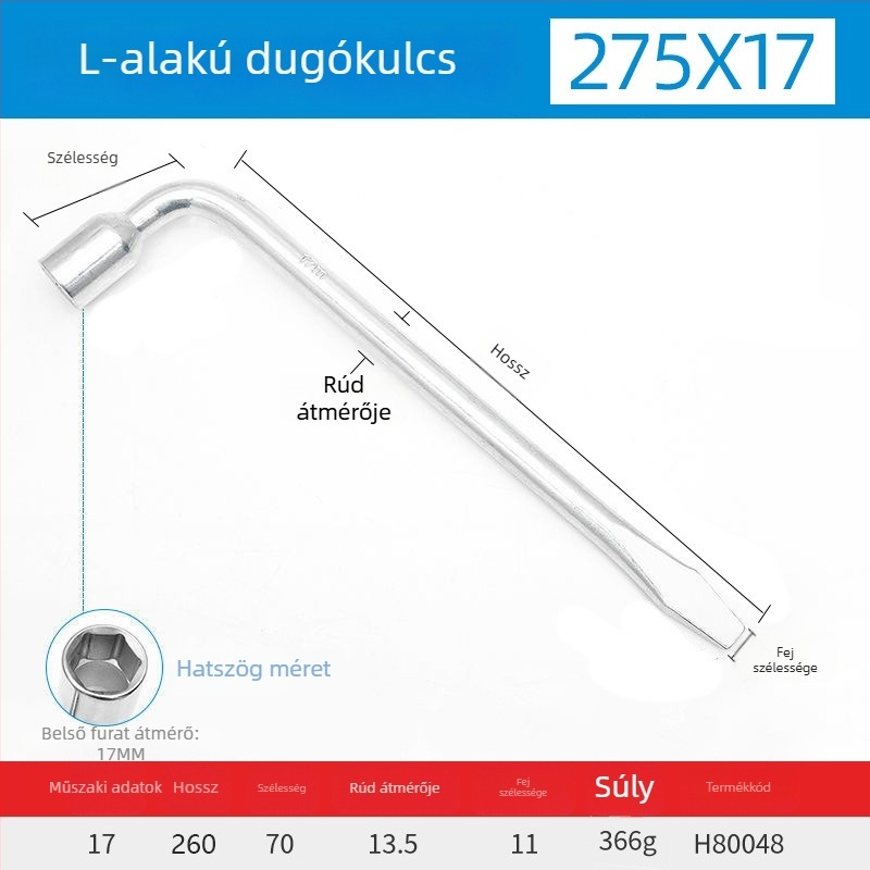 Hosszított L-formájú, nehéz keresztes kerékkulcs autókhoz