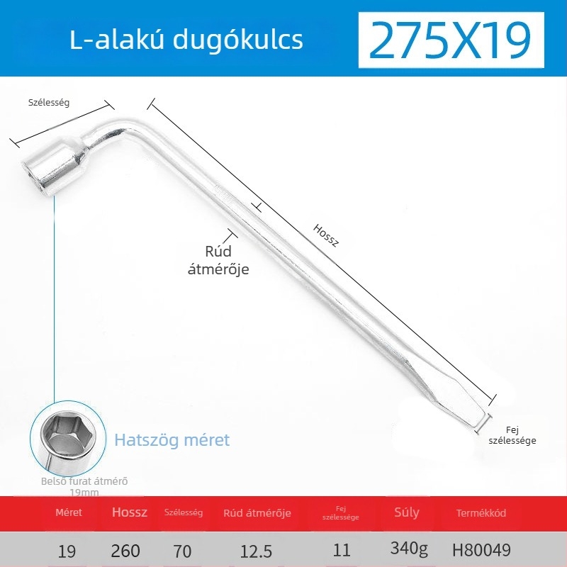 Hosszított L-formájú, nehéz keresztes kerékkulcs autókhoz