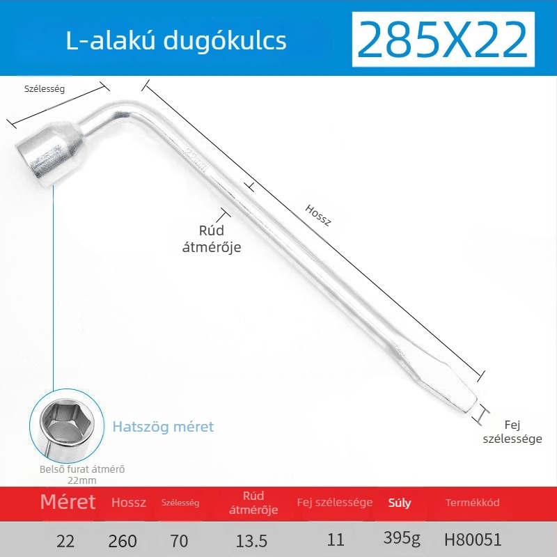 Hosszított L-formájú, nehéz keresztes kerékkulcs autókhoz