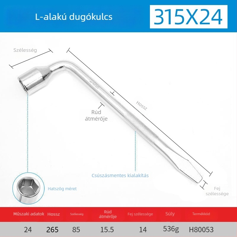Hosszított L-formájú, nehéz keresztes kerékkulcs autókhoz