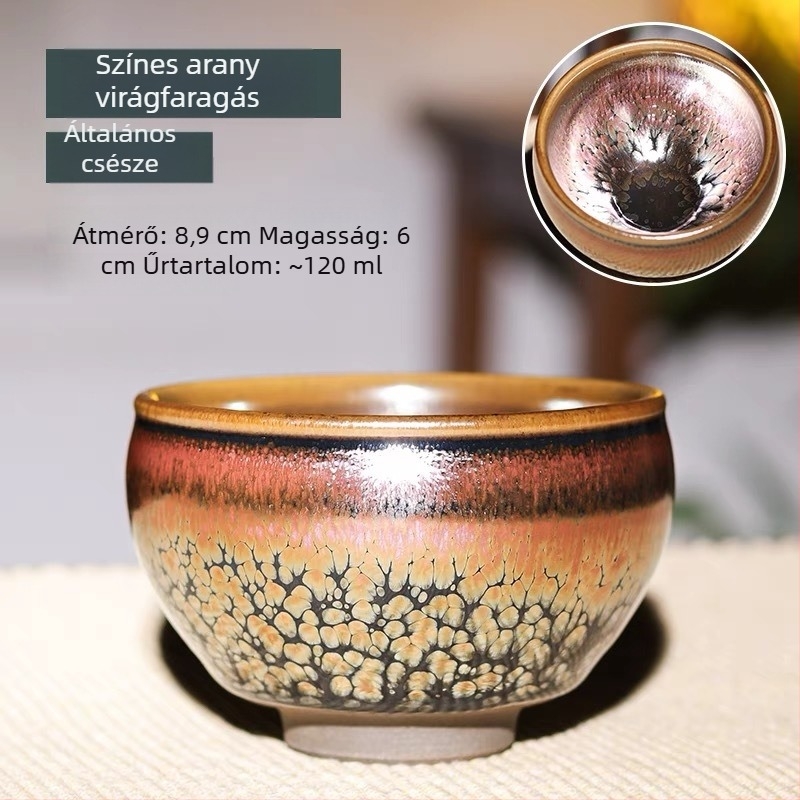 Jianyang Jianyao teáskupa – Hundred Flowers Blue Kirin Gold, Jian Zhan Master Cup, Oil-Drop Peony Pair Cup