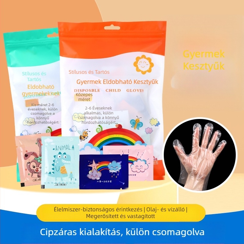 Gyerekeknek szánt egyszer használatos kesztyűk, élelmiszer-minőségű, vastagított, egyedi csomagolású, aranyos rajzfilmszerű dizájn, PE anyag