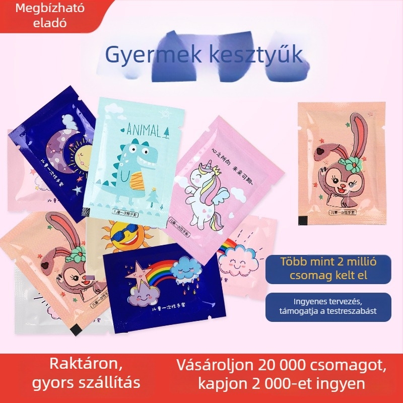 Gyerekeknek szánt egyszer használatos kesztyűk, élelmiszer-minőségű, vastagított, egyedi csomagolású, aranyos rajzfilmszerű dizájn, PE anyag