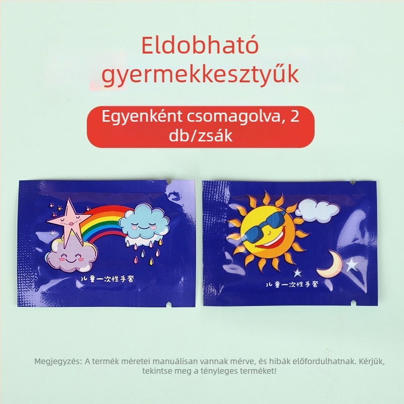 Gyerekeknek szánt egyszer használatos kesztyűk, élelmiszer-minőségű, vastagított, egyedi csomagolású, aranyos rajzfilmszerű dizájn, PE anyag