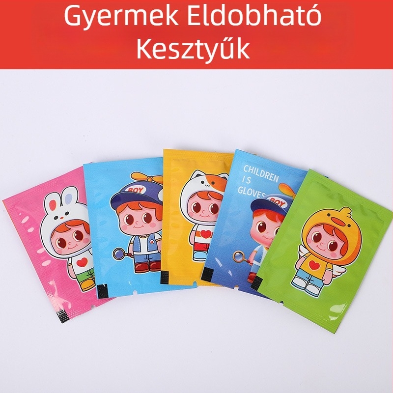 Gyerekeknek szánt egyszer használatos kesztyűk, élelmiszer-minőségű, vastagított, egyedi csomagolású, aranyos rajzfilmszerű dizájn, PE anyag
