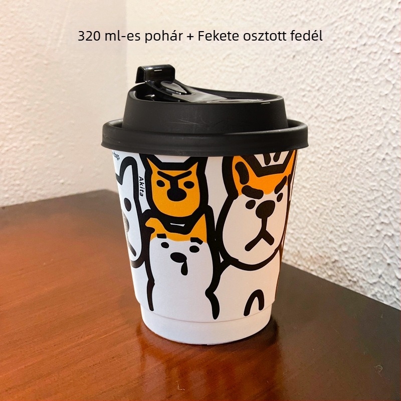 Egyszer használatos vastagított papírcsésze fedővel - dupla falú pohár forró és hideg italokhoz, kávéhoz, tej-teához és szója tejhez, 301-400 ml