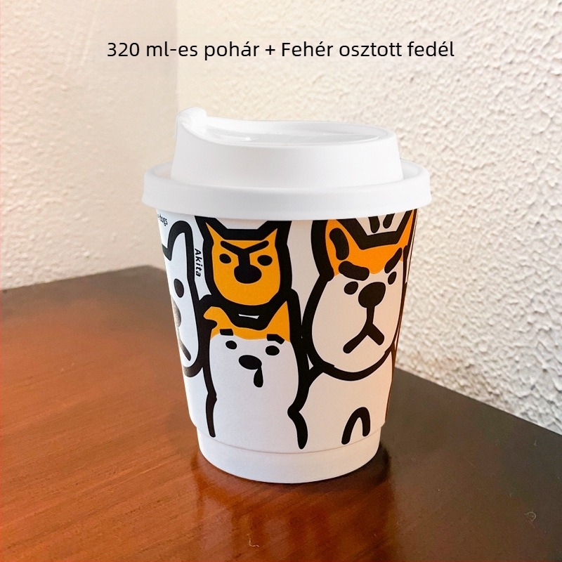 Egyszer használatos vastagított papírcsésze fedővel - dupla falú pohár forró és hideg italokhoz, kávéhoz, tej-teához és szója tejhez, 301-400 ml