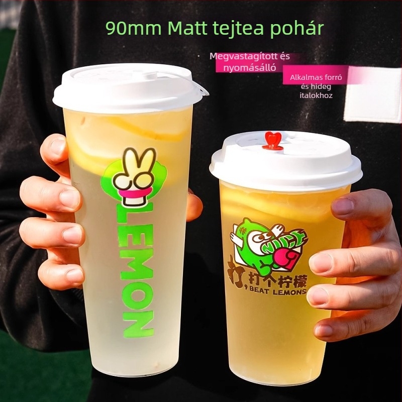 90 mm-es átmérőjű tejes-tea pohár fedővel, egyszer használatos, 500–700 ml, matt felület, injekciós formázású PP pohár