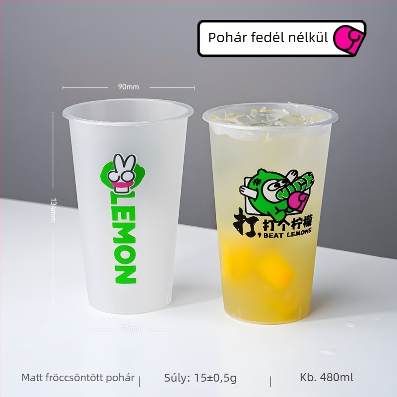 90 mm-es átmérőjű tejes-tea pohár fedővel, egyszer használatos, 500–700 ml, matt felület, injekciós formázású PP pohár