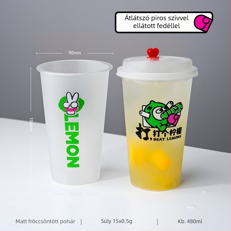 90 mm-es átmérőjű tejes-tea pohár fedővel, egyszer használatos, 500–700 ml, matt felület, injekciós formázású PP pohár