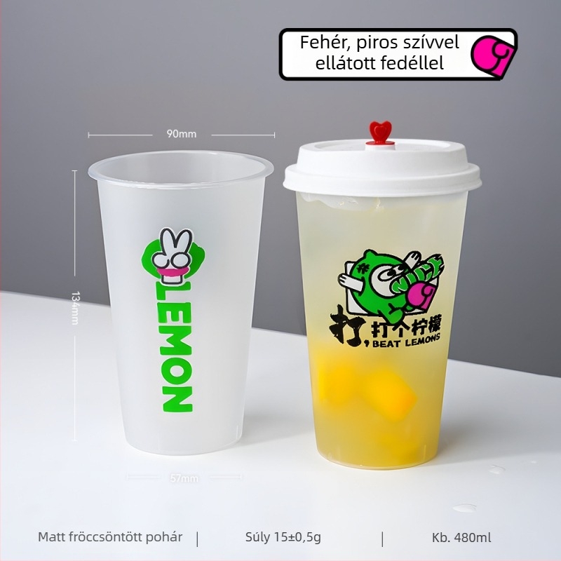 90 mm-es átmérőjű tejes-tea pohár fedővel, egyszer használatos, 500–700 ml, matt felület, injekciós formázású PP pohár