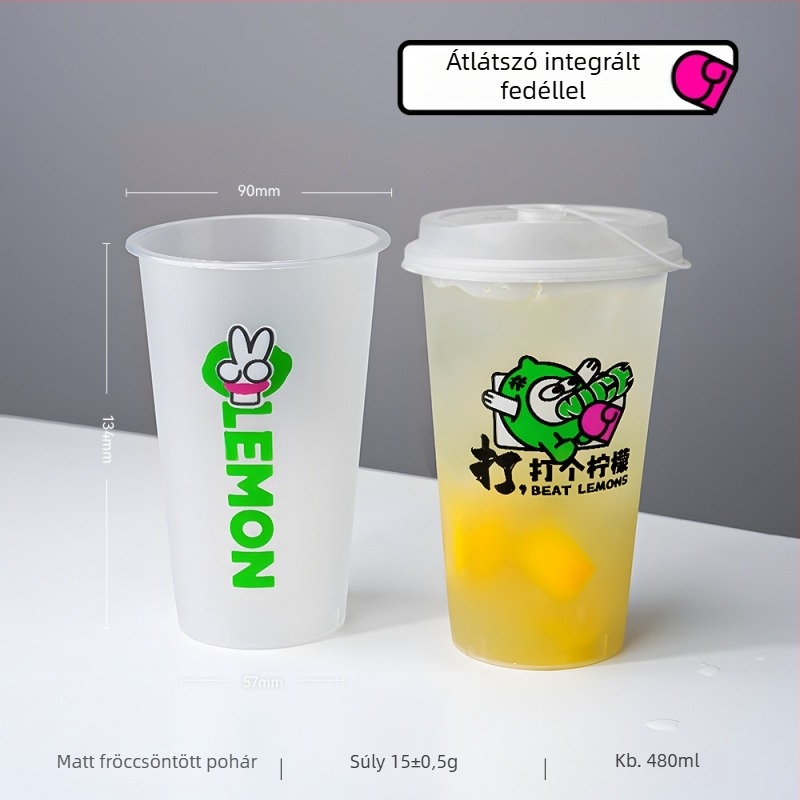 90 mm-es átmérőjű tejes-tea pohár fedővel, egyszer használatos, 500–700 ml, matt felület, injekciós formázású PP pohár