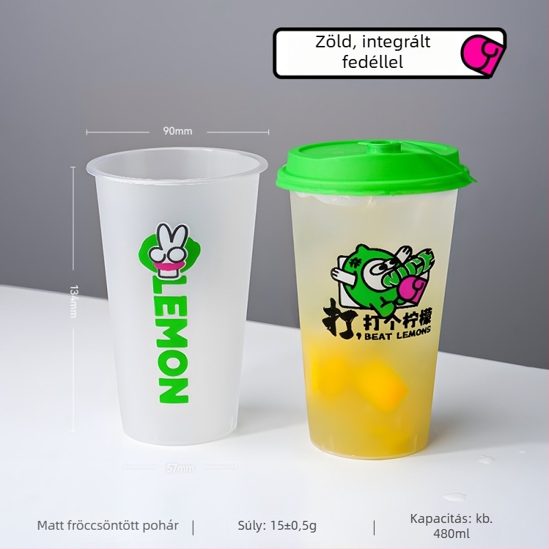 90 mm-es átmérőjű tejes-tea pohár fedővel, egyszer használatos, 500–700 ml, matt felület, injekciós formázású PP pohár