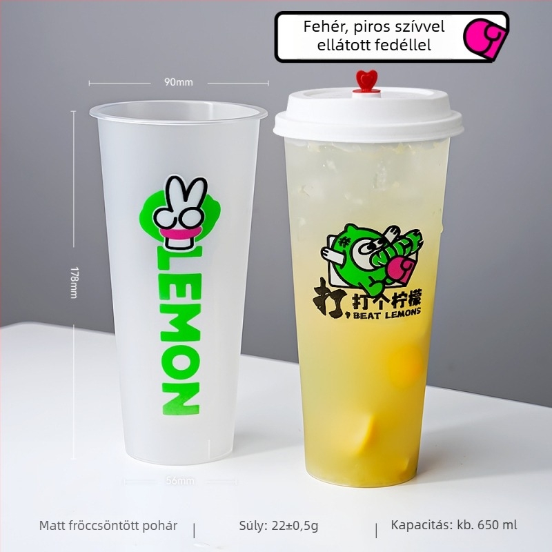 90 mm-es átmérőjű tejes-tea pohár fedővel, egyszer használatos, 500–700 ml, matt felület, injekciós formázású PP pohár