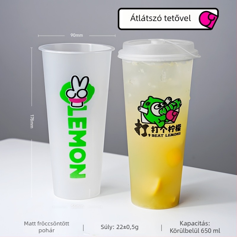 90 mm-es átmérőjű tejes-tea pohár fedővel, egyszer használatos, 500–700 ml, matt felület, injekciós formázású PP pohár