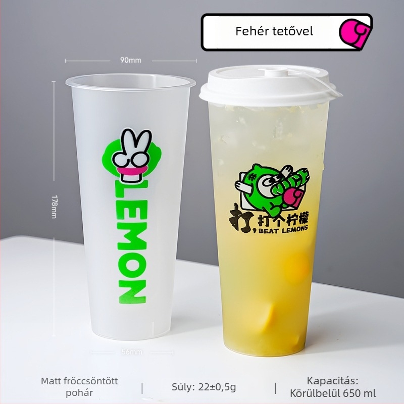 90 mm-es átmérőjű tejes-tea pohár fedővel, egyszer használatos, 500–700 ml, matt felület, injekciós formázású PP pohár