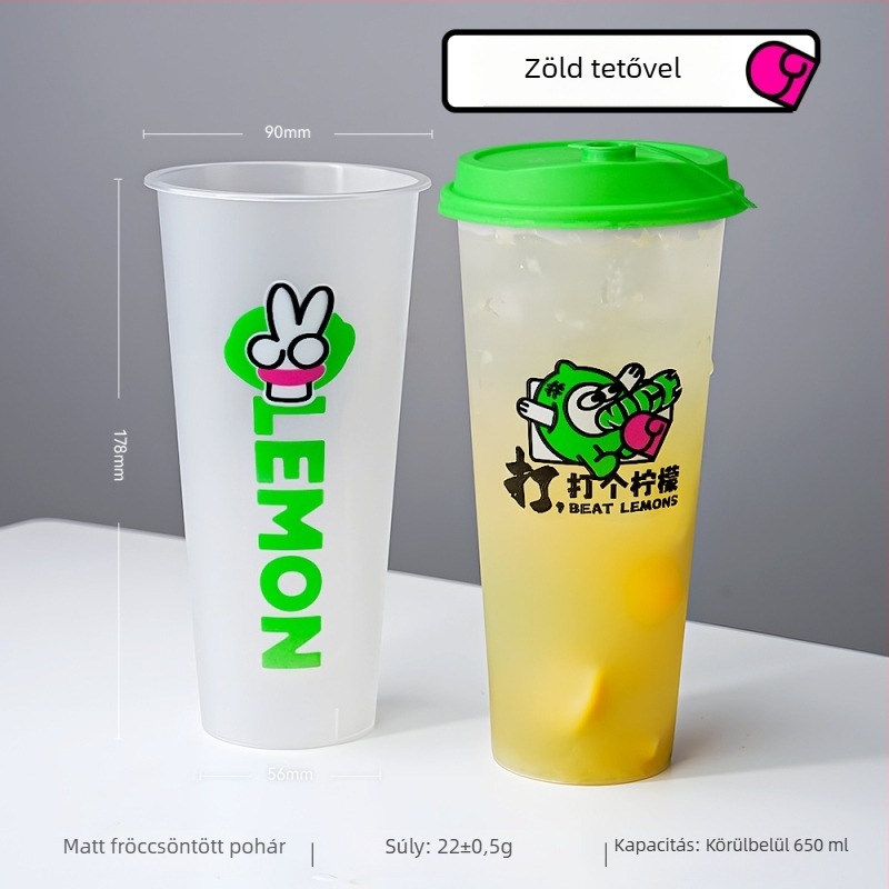 90 mm-es átmérőjű tejes-tea pohár fedővel, egyszer használatos, 500–700 ml, matt felület, injekciós formázású PP pohár