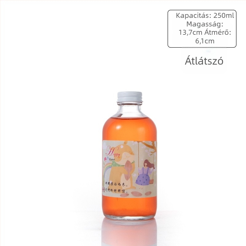 Alumínium fedelű üveg italokhoz, kerek formájú, keskeny nyakkal; tej-tea és gyümölcslé számára; Boston-stílusú üveg, 100 ml és 500 ml
