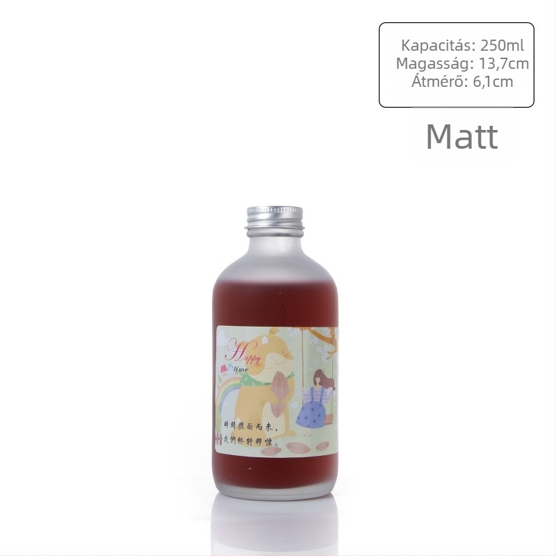 Alumínium fedelű üveg italokhoz, kerek formájú, keskeny nyakkal; tej-tea és gyümölcslé számára; Boston-stílusú üveg, 100 ml és 500 ml