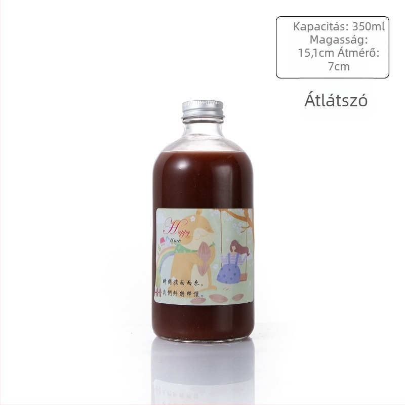 Alumínium fedelű üveg italokhoz, kerek formájú, keskeny nyakkal; tej-tea és gyümölcslé számára; Boston-stílusú üveg, 100 ml és 500 ml