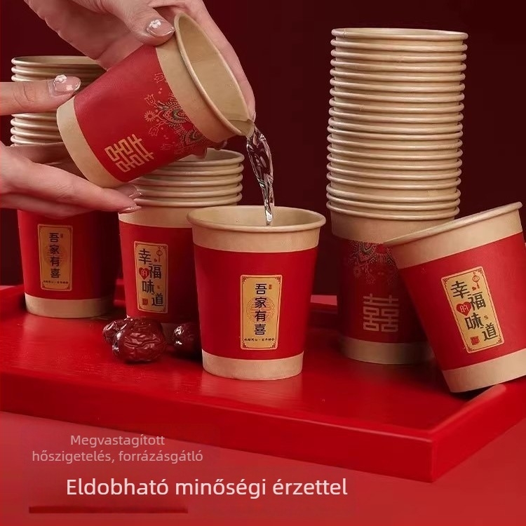 Egyszer használatos papír poharak esküvőre, vastagított kivitelben, piros a dupla boldogság felirattal, teás pohár, esküvői kellékkészlet