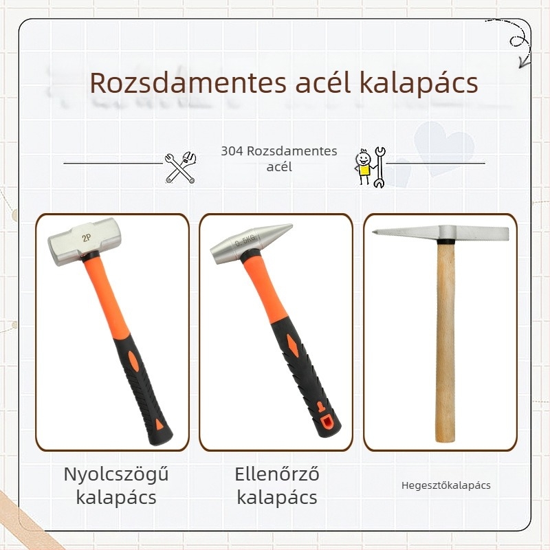 5051 Bofang 304 rozsdamentes acél Nipple Kalapács, nem mágneses, 2 lb–2,5 lb, fa nyéllel vagy gumírozott markolattal, kerek fej