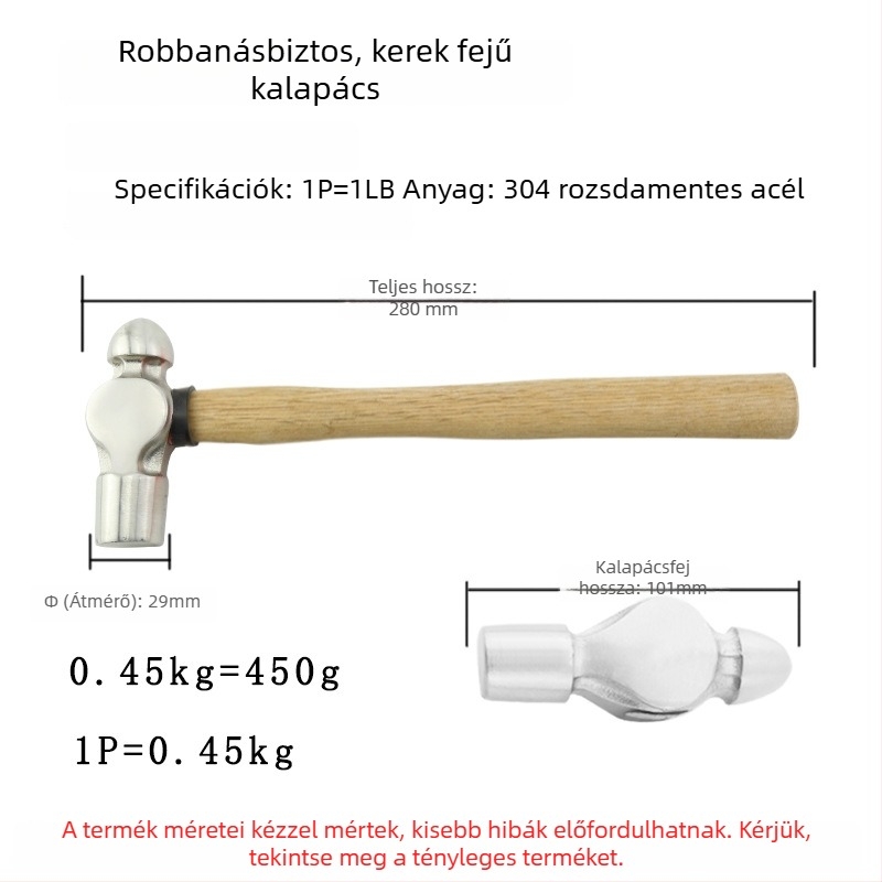 5051 Bofang 304 rozsdamentes acél Nipple Kalapács, nem mágneses, 2 lb–2,5 lb, fa nyéllel vagy gumírozott markolattal, kerek fej