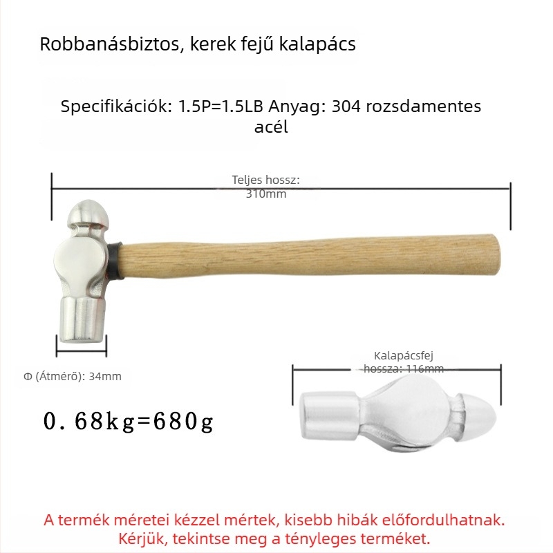 5051 Bofang 304 rozsdamentes acél Nipple Kalapács, nem mágneses, 2 lb–2,5 lb, fa nyéllel vagy gumírozott markolattal, kerek fej