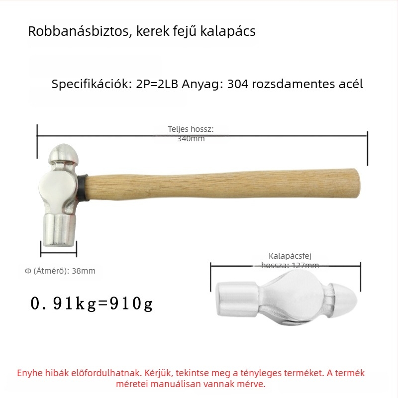 5051 Bofang 304 rozsdamentes acél Nipple Kalapács, nem mágneses, 2 lb–2,5 lb, fa nyéllel vagy gumírozott markolattal, kerek fej