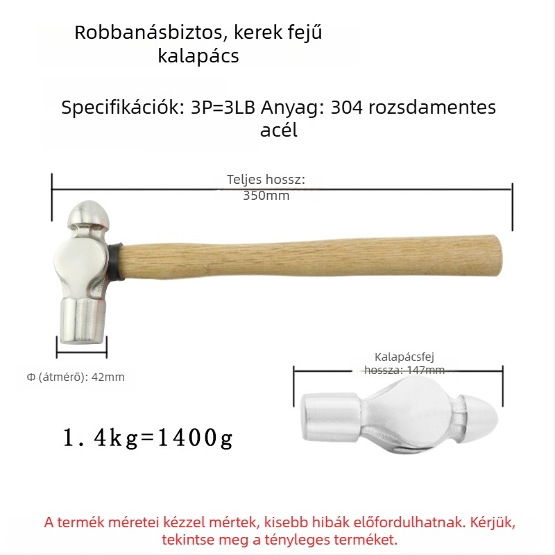 5051 Bofang 304 rozsdamentes acél Nipple Kalapács, nem mágneses, 2 lb–2,5 lb, fa nyéllel vagy gumírozott markolattal, kerek fej